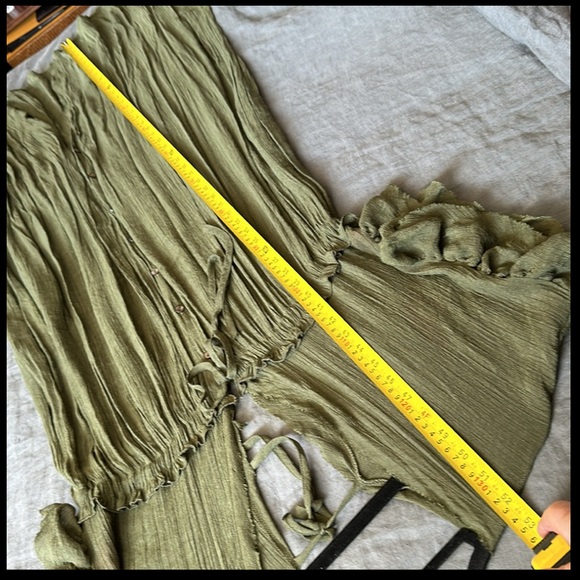 XL Bohemian long Olive gauze semi sheer maxi dress w pockets and ruffle sleeves - Picture 11 of 16
